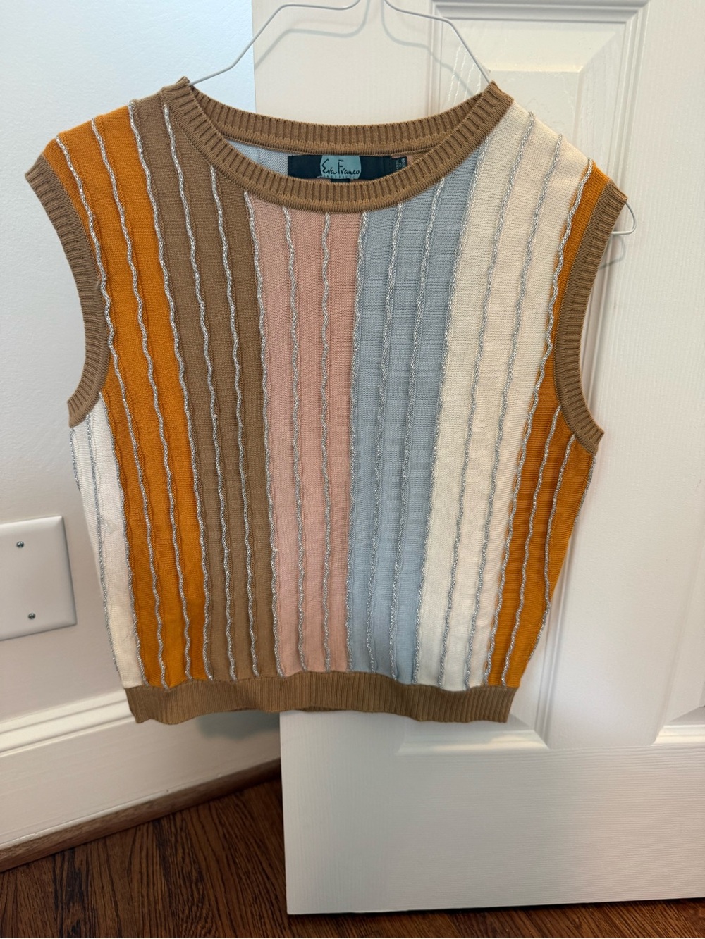 Eva Franco Striped Knit V-Neck Sweater Vest in Tan, Mustard, Pink, Blue & White